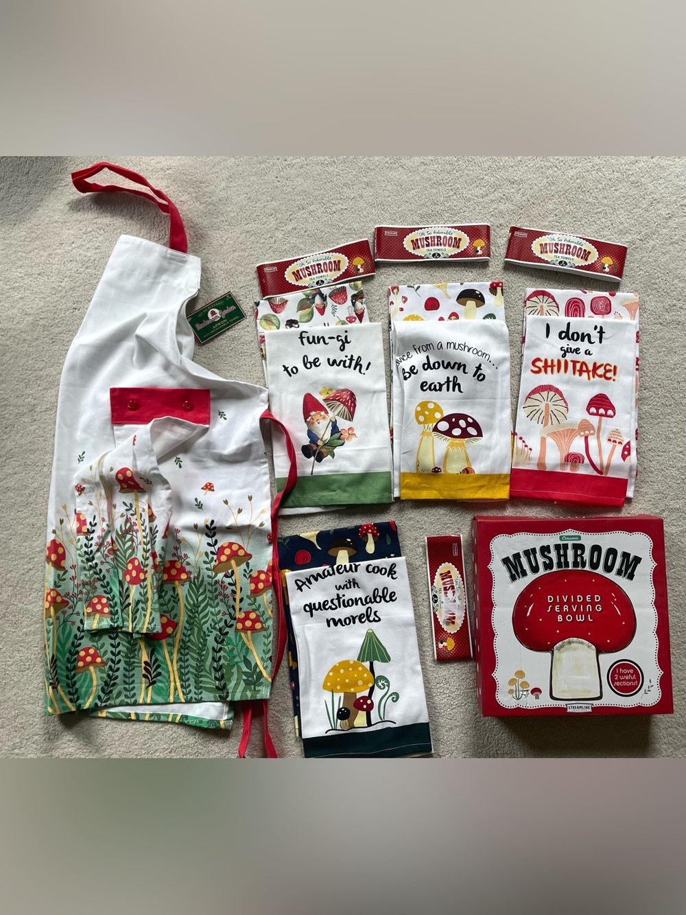 Mushroom Kitchen Towel, Apron & Bowl Set - White with Red and Green